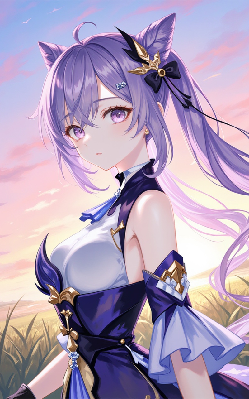 <lora:2D刻晴6:1>,keqing,1girl,keqing \(genshin impact\),solo,breasts,gloves,purple hair,hair bun,looking at viewer,cone hair bun,long hair,bare shoulders,purple eyes,twintails,outdoors,medium breasts,hair ornament,bow,from side,hair bow,detached sleeves,dress,braid,closed mouth,double bun,black gloves,grass,sunset,floating hair,sideboob,sky,black bow,neck tassel,hair between eyes,frills,upper body,looking to the side,11,cover,simple background,gradient_background,Close-up details,outstanding style,adding a touch of dimension to your images without compromising details,close-up,<lora:油画唯美滤镜15:0.4>,baoshi,