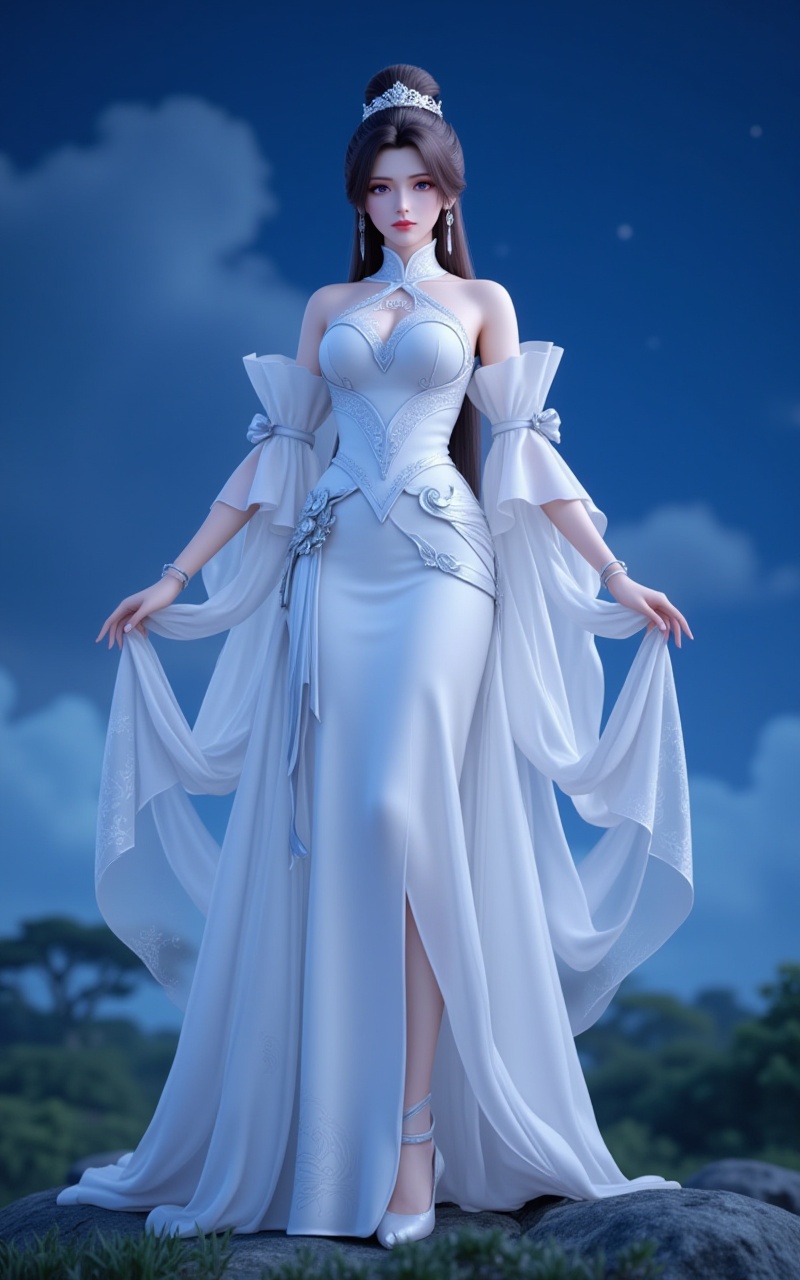 <lora:月婵6:1>,yuechan,1girl,dress,solo,white dress,full body,rock,brown hair,hair bun,jewelry,sky,night,hair ornament,long hair,bare shoulders,grass,tiara,ponytail,looking at viewer,standing,8,cover,simple background,gradient background,close-up details,outstanding style,adding a touch of dimension to your images without compromising details,close-up,<lora:DJ滤镜_2.5D版:0.4>,lvjing,