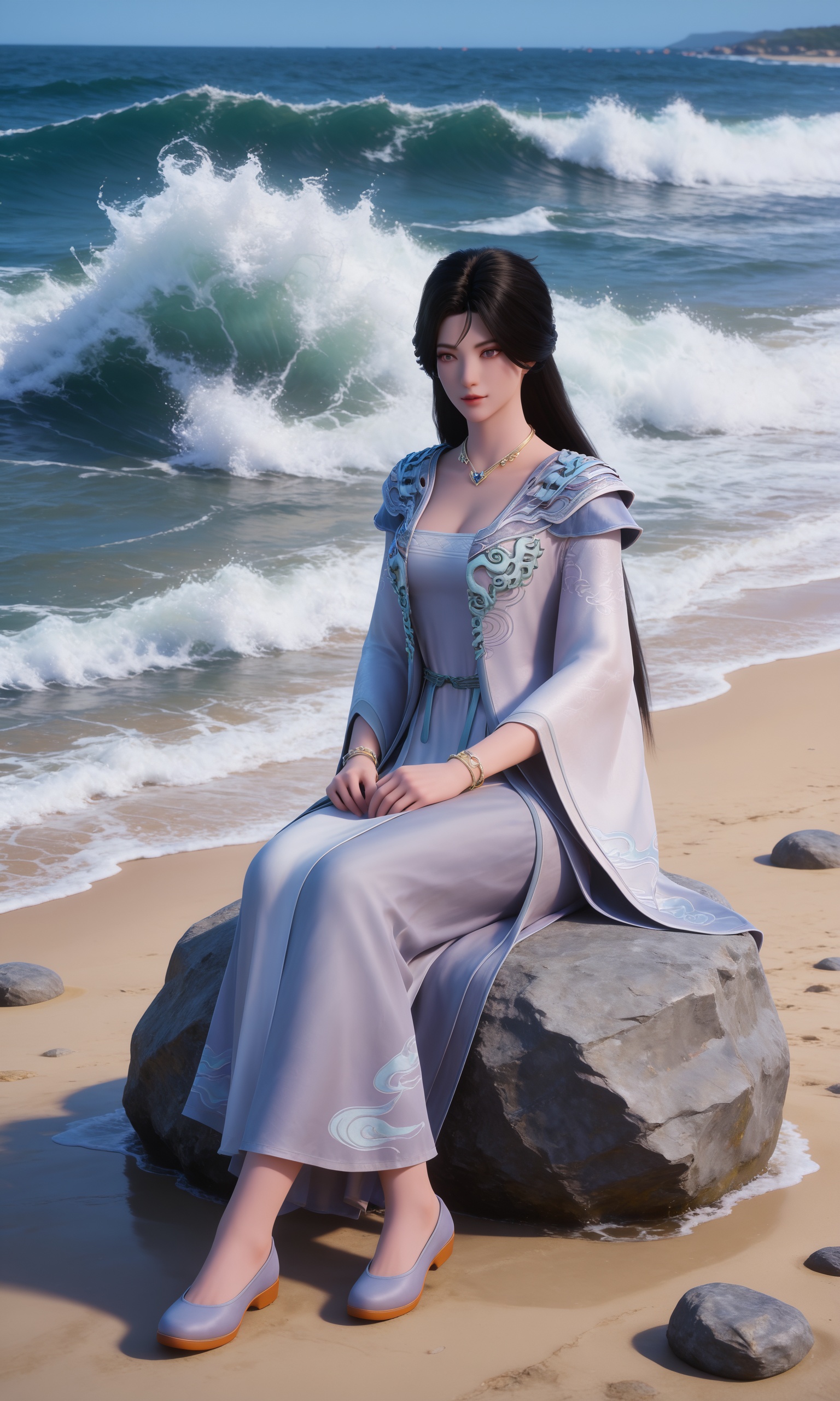 <lora:万初圣女-赵嫣然Pony:0.7>,1girl,long hair,black hair,chinese clothes,jewelry,necklace,long sleeves,wide sleeves,white dress,bracelet,shoes,sitting,rock,Seaside,beach,waves,full body,