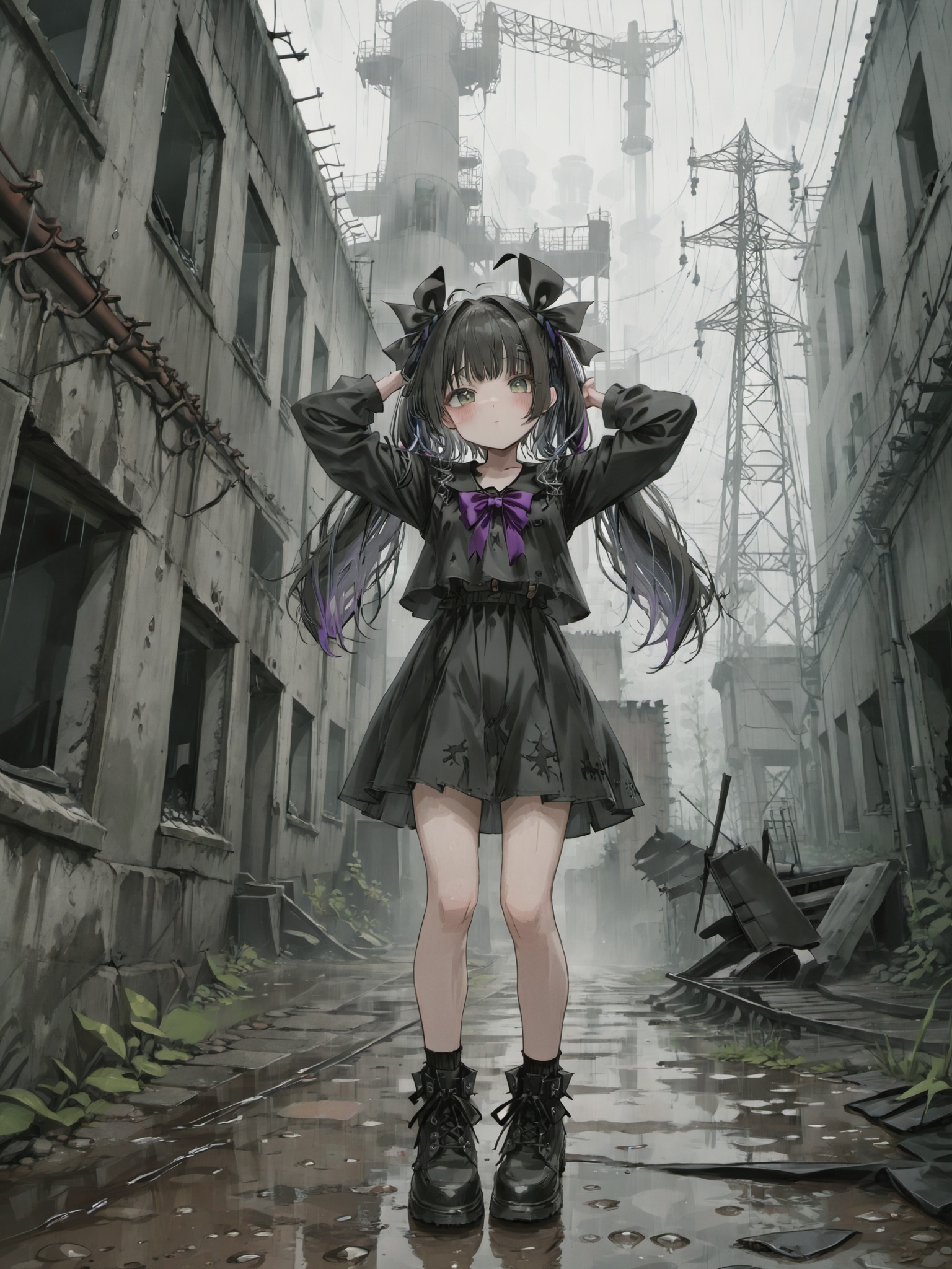 loli in front of a factory ruins,gothic,black footwear,hair ribbon,arms up,yishi style,rain,fog,(wild gress:0.5, vine:0.75,wild creepers:0.5),<lora:yishi_style_v7:0.7>,<lora:add-detail-xl:1>,<lora:PostApocalyptic_Chernobyl_v3:0.7>,