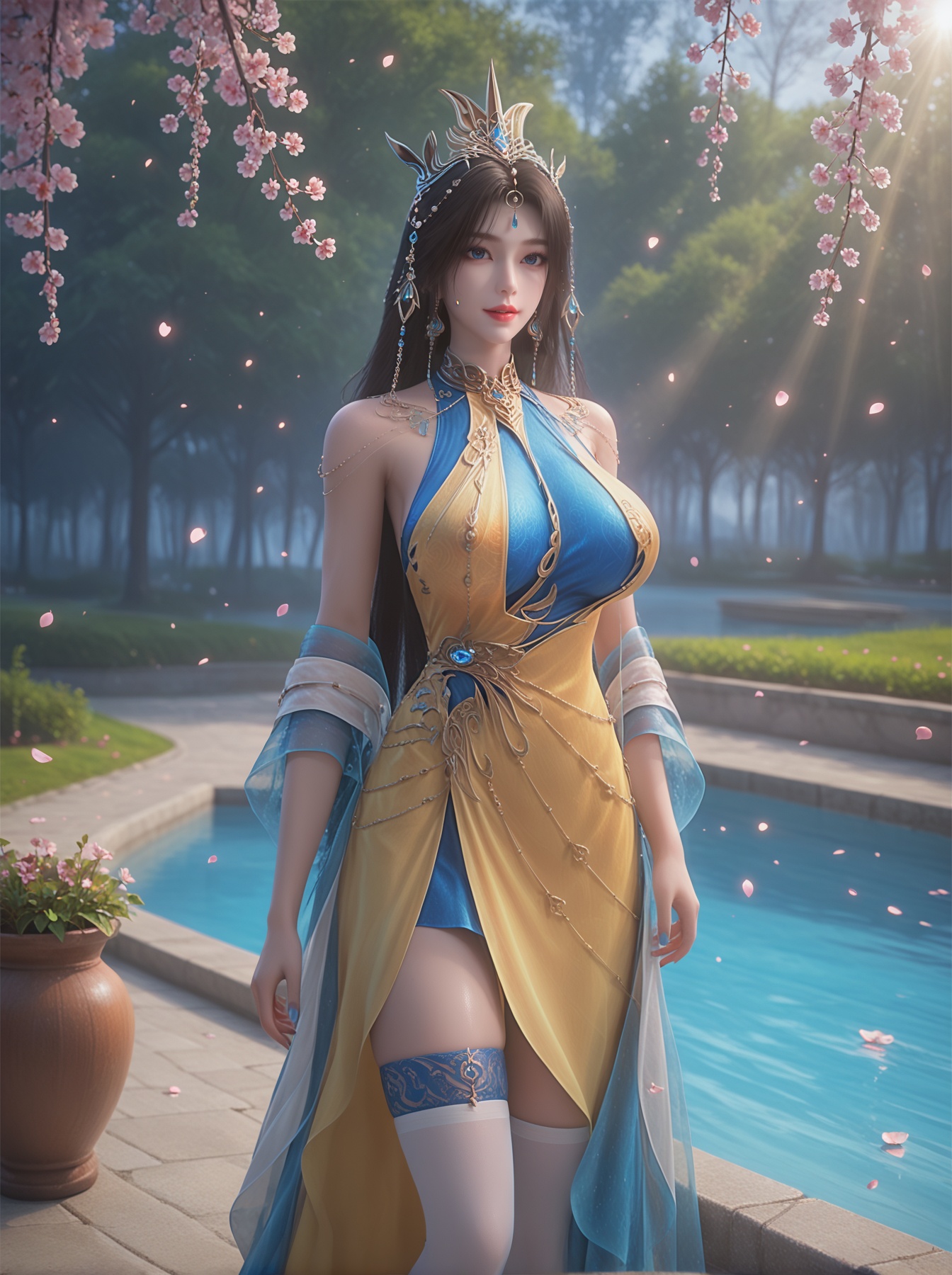 huangnv,<lora:huangnvXL:0.8>,depth of field,(Extremely exaggerated huge breasts:1.2),looking at viewer,long hair,(smile:0.7),(parted lips:0.7),(open mouth:0.7),shiny skin,pale skin,standing,thighhighs,legs apart,dress,looking at viewer,stretchy compression fabric,sleek athletic cut,bold color contrast,functional yet stylish,extremely detailed cg 8k wallpaper,cold color,score_9,score_8_up,score_7_up,(masterpiece, best quality, ultra-detailed, absurdres:1.4),8k resolution,32K UHD,ultra-high resolution,sharp focus,highly detailed,masterful details,in the style of fashion photography,with a high-end texture,(Dynamic Angle:1.2),(dynamic pose:1.2),Dynamic cinematic lighting,dramatic shadows,lim lighting,soft volumetric rays,god rays,chiaroscuro,contrasting light and shadow,neutral white balance,color-balanced,vivid colors,well-balanced contrast,desaturated yellows,reduce yellow cast,crisp details,outdoors,A dreamy Japanese garden at midnight,petals of cherry blossoms gently falling in slow motion,soft pink and lavender hues blending with cool blue moonlight,her silhouette barely visible through the swirling petals,backlit by a glowing lantern. The atmosphere is ethereal,with shallow depth of field focusing on floating blossoms,ultra-detailed water droplets on leaves,