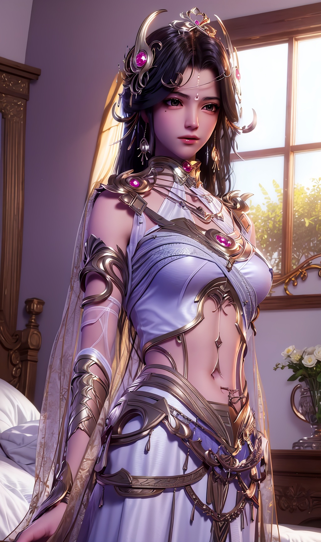 masterpiece,(best quality),official art, extremely detailed cg 8k wallpaper,((crystalstexture skin)), (extremely delicate and beautiful),highly detailed,(scarf),(clothes),1girl,solo,long hair,headwear,(standing),( hair),((dress)),(long skirts:0.987),(skirt),((upper body)),(medium breasts),((hair_ornament)),earrings,(navel:0.987),(sunshine, indoor,(bed)),, <lora:hipoly3DModelLora_v10:0.3>