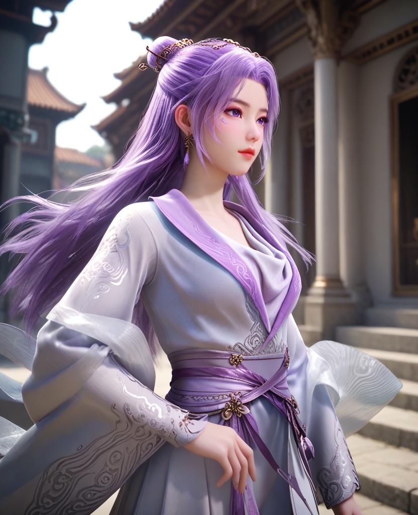 (oriental architecture, elegant decor, sophisticated style:1.1),(walking:1.1),(breasts:1.2),<lora:XL师兄啊云霄:0.95>,miss yunxiao,chinese clothes,purple hair,purple eyes,a mark under the left eye,single hair bun,long sleeves,earrings,hairpin,sash,, score_9,score_8_up,score_7_up,score_6_up,score_5_up,score_4_up,3d rendering,tag1,tag2, Cinematic Lighting,backlighting,