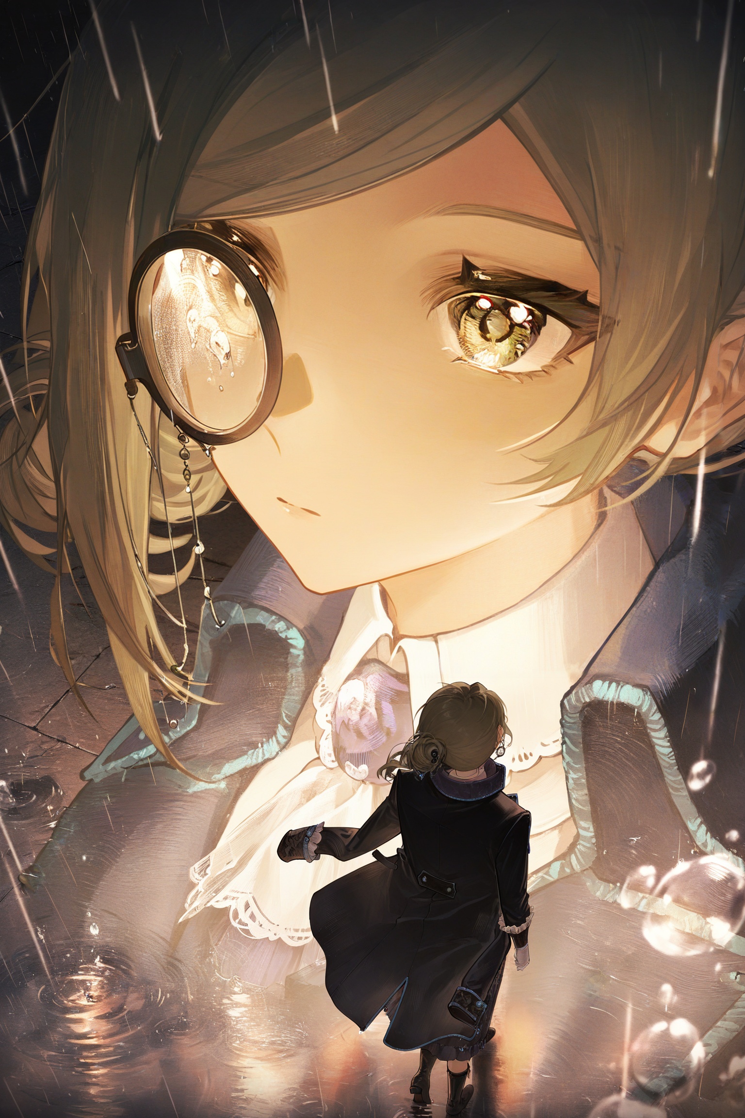 vertin \(reverse:1999\),1girl,(solo:1.2),upper body,(from above:1.2),close-up,face focus,shaded face,victorian fashionaqua skirt,(round monocle:1.1),ascot,vest,belt,military uniform,boots,black coat,(coat on shoulders:1.1),collared white shirt,white gloves,long skirt,long sleeves,walking,looking up,(heavy raining:1.3),light leaks,moonlight,((neon lights)),cinematic lighting,street,ray tracing,bokeh,blurry foreground,(water drop:1.2),walking,<lora:光辉重返未来0.3版本XL-000004:1>,cfwl/zyhf,