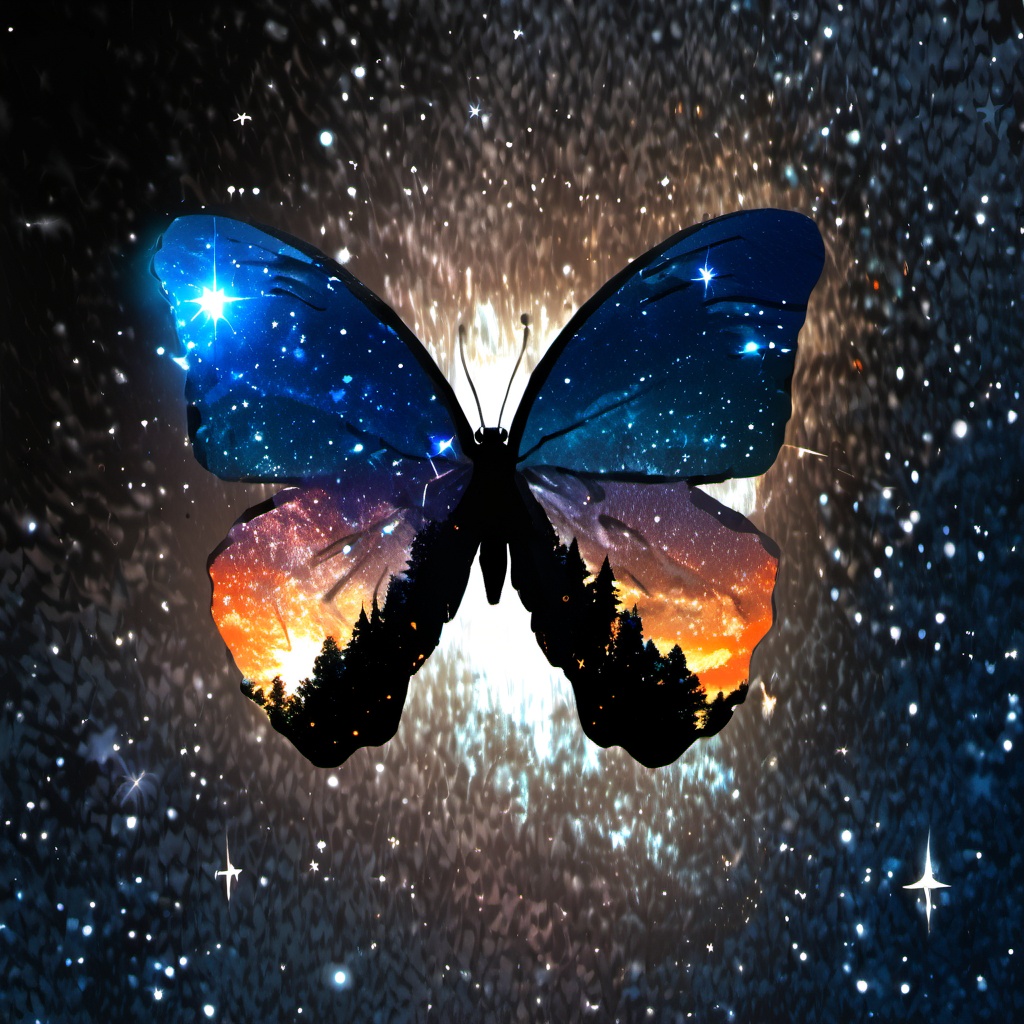 outdoors,wings,sky,no humans,butterfly,nature,scenery,forest,sunset,silhouette,butterfly wings,star \(sky\),starry sky,a brightly colored fluorescent butterfly with wings showing a cosmic scene and a black body,the upper part of the wings is blue like the starry sky and the lower part is orange like the sunset.,the background is dark which possibly representing a tree or a rocky surface and is adorned with sparkling stars and a bright shooting star,image,translucent material,cosmic scene,galaxy or nebula,dark background,sparkling stars,bright shooting star,<lora:star_xl_v3:1>,