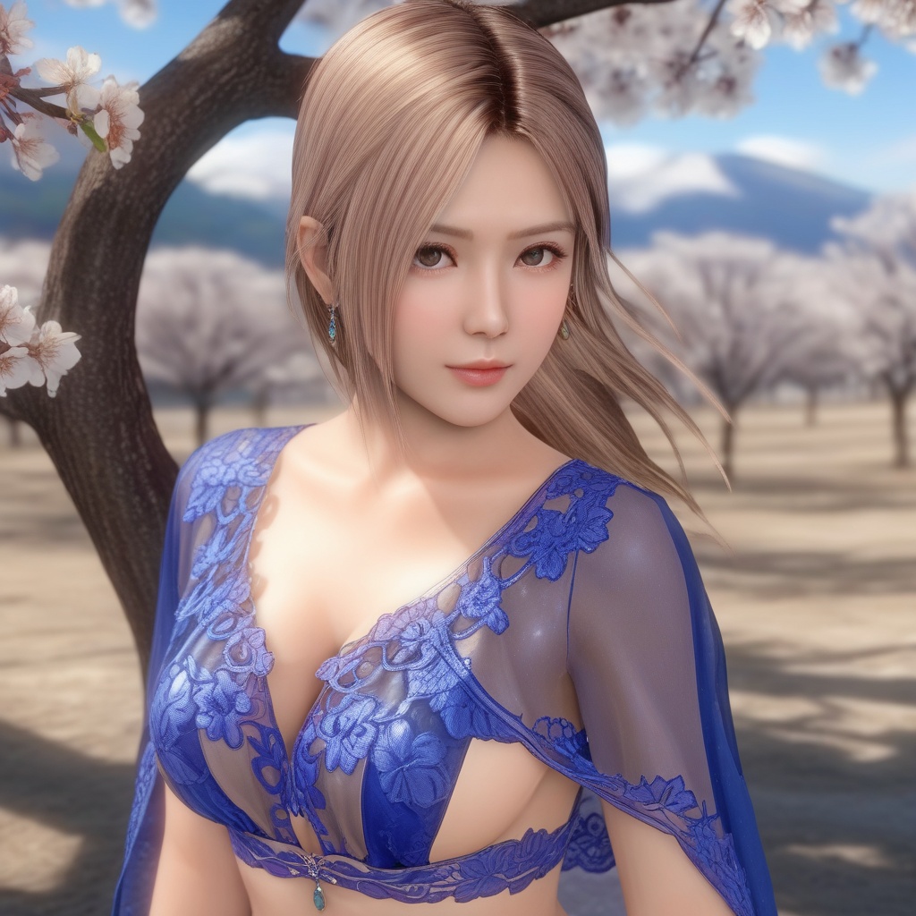 <lora:847-DA-XL-死或生-Elise-BirthdaySuit-20220903:0.8>, (,1girl, ,best quality, ),,  ,, ultra realistic 8k cg,,masterpiece, (( , )), fiction,mole,  ,     ,see-through, lace, (cleavage),, (((, solo, sun, , bare_tree, )))
