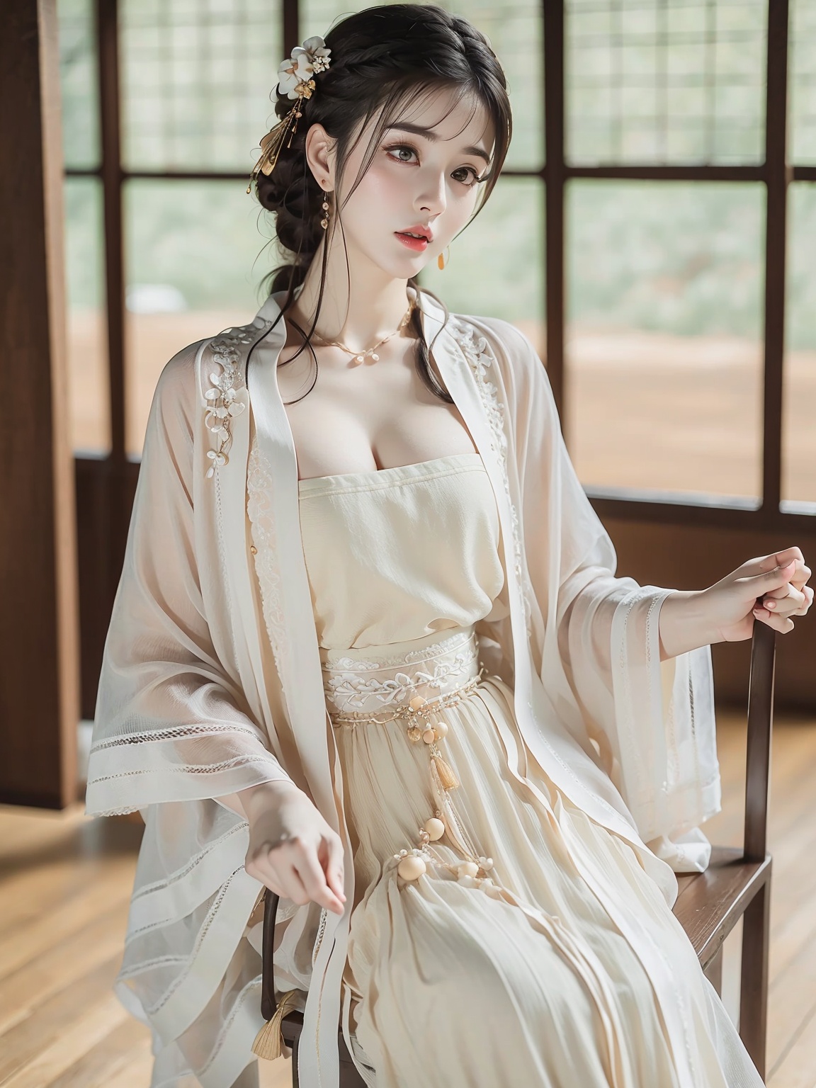 1 girl,diamond earrings,headwear,with heavy makeup,Moisturizing red lips,eye makeup,black hair,close-up,realistic,lace-trimmed_hairband,hanfu,solo,chest,cleavage,(full_shot:1.5),<lora:白色汉服1.1:1>,