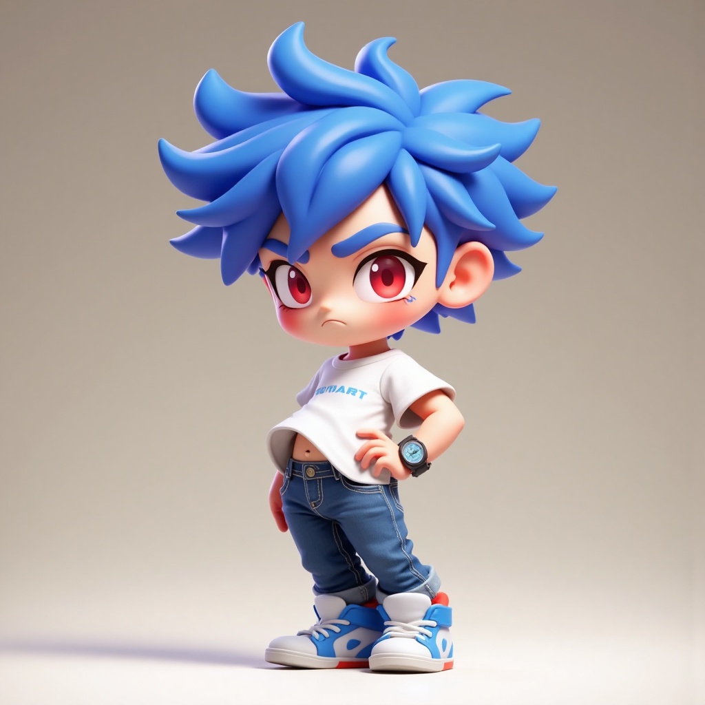 hezi, 3d, Bubble Mart, rich color, q version, 1boy, solo, male focus, shirt, blue hair, chibi, watch, shoes, white shirt, wristwatch, full body, pants, blush, sneakers, male child, red eyes, closed mouth, standing, short hair, simple background, t-shirt, short sleeves, spiked hair, gradient background, gradient, denim, :<, jeans, midriff peek, bangs, blue footwear, shadow, thick eyebrows, navel, grey background, white footwear, facial mark, brown background, blue pants, child, whisker markings, looking down, frown