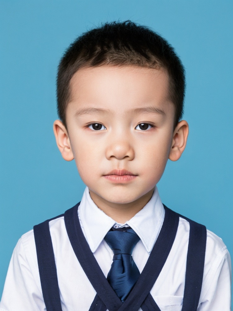 child boy, young boy vest tie, chinese boy, relaxed blue background, hyperdetailed portrait, symmetrical front view, girl wearing uniform, realistic professional photo, big nose, best quality, portrait,best quality,masterpiece,