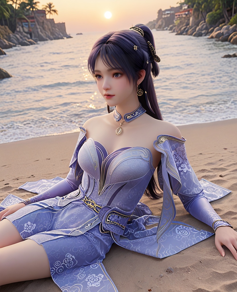 (oriental architecture, elegant decor, sophisticated style:1.1),(Lying on a sandy beach, arms stretched out, soaking in the sun,:1.1),(breasts:1.2),<lora:XL遮天姬紫月2:0.95>,miss jiziyue,blue dress,shawl sleeves,purple hair,jewelry,bare shoulders,elbow gloves,sash,blue eyes,hair ornament,tassels,ponytail,inner skirt,, score_9,score_8_up,score_7_up,score_6_up,score_5_up,score_4_up,3d rendering,tag1,tag2, Cinematic Lighting,backlighting,