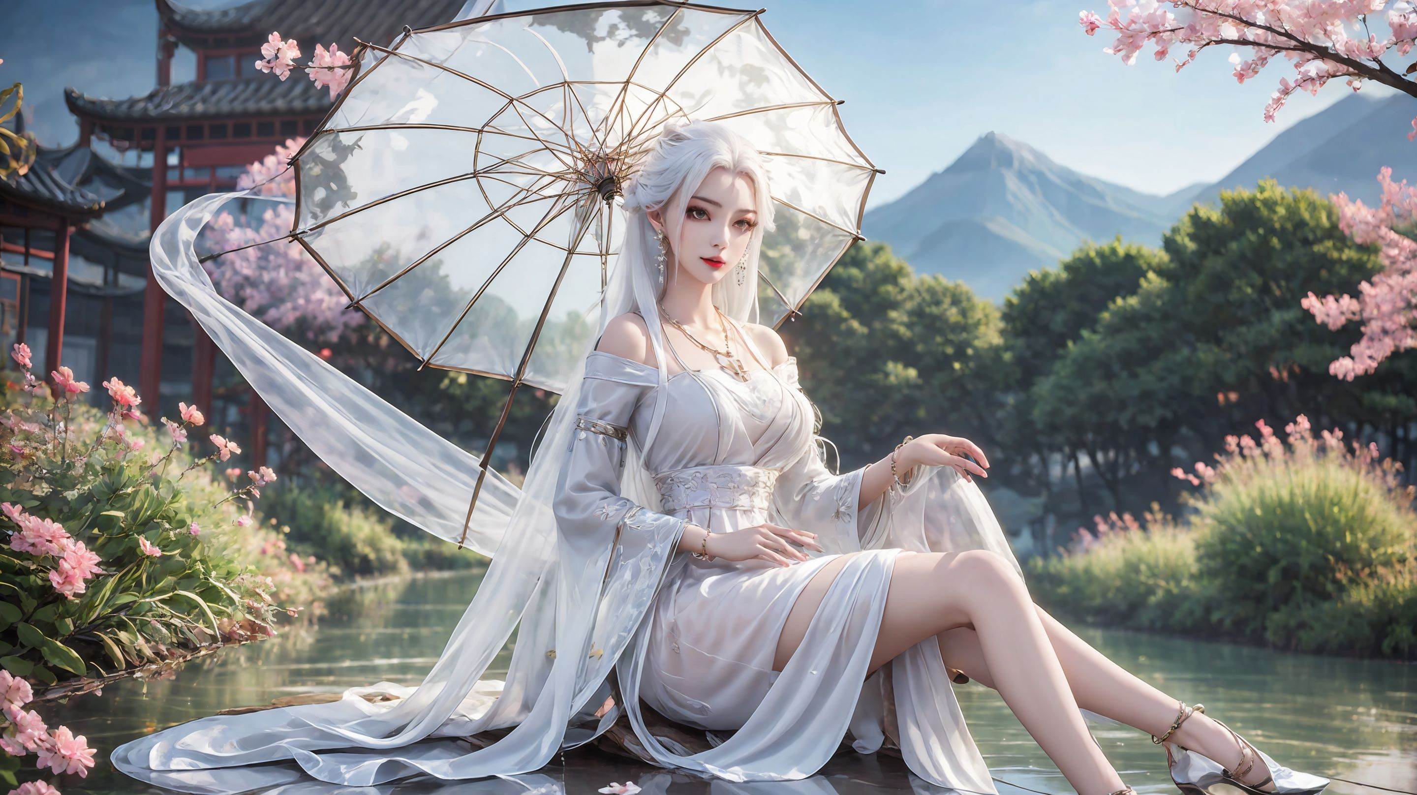 1girl,umbrella,solo,dress,white dress,holding umbrella,jewelry,long hair,holding,outdoors,chinese clothes,mountain,earrings,necklace,long sleeves,white hair,<lora:girl miaojiangxiaobai_20240912173536:0.7>,