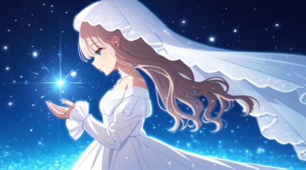 (best quality), ((masterpiece)), (highres), illustration, original, extremely detailed,  <lora:好き物语:0.7>1girl, solo, veil, blue eyes, long sleeves, long hair, dress, white dress, bangs, off-shoulder dress, profile, off shoulder, from side, closed mouth, smile, jewelry, blue background, upper body, hands up, bridal veil, sleeves past wrists, bare shoulders, puffy sleeves, wedding dress, necklace