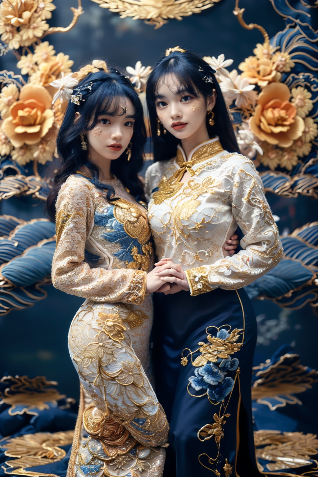 a blue and gold image of a Chinese Loong,realistic fine details,Chinese embroidery,:o,smile,a golden beard,holding hands in front of the chest,standing,full-size photograph,