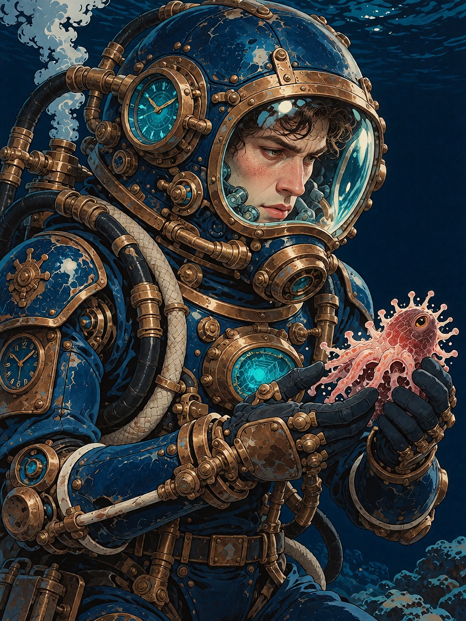 A rugged male deep-sea explorer wearing an extraordinary retrofuturistic diving suit,  complex mechanical joints,  copper...