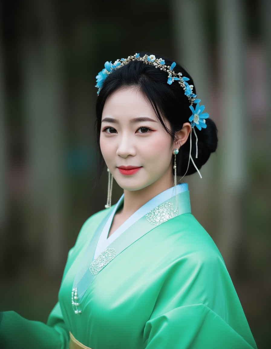 Captured at eye-level,a close-up shot of a young Asian woman,dressed in a green kimono,adorned with a white necklace and earrings. Her hair is styled in a low bun,and she's wearing a headband adorned with blue flowers. The background is blurred,creating a stark contrast to the woman's outfit. The woman's hair is dark,adding a touch of greenery to the scene.,