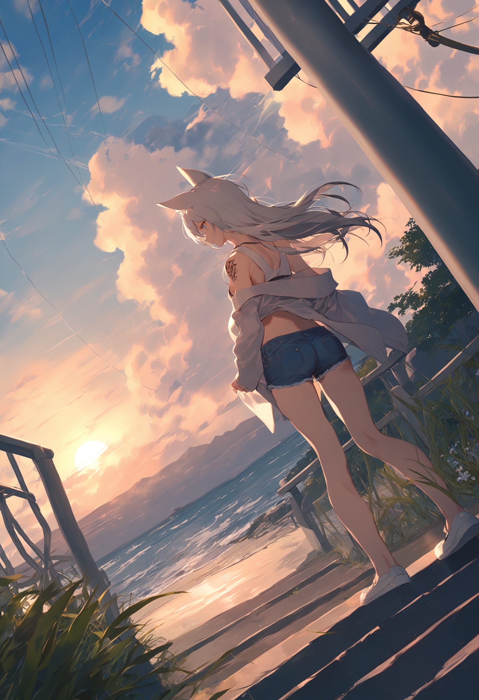 masterpiece, best quality <lora:sd_xl_dpo_lora_v1-128dim:1>,1girl , breasts , solo, animal ears, long hair , blue eyes , white hair , cleavage, hair ornament, upper body, looking at viewer, bare shoulders, large breasts, unsheathing, animal ear fluff, japanese clothes, katana, sheath, bangs, fox ears, simple background, hair between eyes, kimono, tattoo, off shoulder, collarbone, chest tattoo ,scenery, outdoors, sky, cloud, day, blue sky, tree, solo, plant, building, overgrown, power lines, railing, sunlight, fence, standing, school uniform, stairs, utility pole, cloudy sky, window, grass, lamppost, blurry, solo, sky, cloud, shorts, outdoors, dutch angle, sunset, scenery, wind, open clothes, standing, denim shorts, horizon, **** top, denim, closed mouth, long sleeves, ocean, cowboy shot, water, cloudy sky, cardigan, short shorts, blue shorts, scenery, cloud, sky, outdoors, sunset, dutch angle, cloudy sky, water, horizon, ocean, sun, sunlight, solo, reflection, standing, tree, scenery, dress, water, bag, wide shot, sunlight, outdoors, plant, flower, window, building, outdoors, cloud, sky, tree, bag, pants, black pants, road, scenery, day, mountain, blue sky, cloudy sky, standing, from behind, shoes 