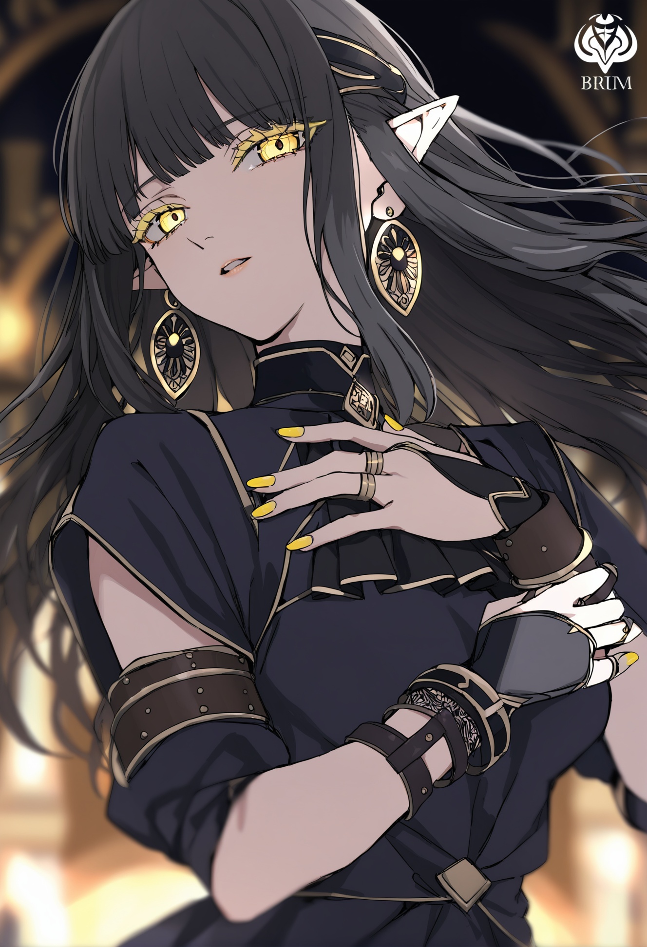 masterpiece, best quality,1girl,   solo, jewelry, ring, looking at viewer, pointy ears, long hair, earrings, yellow nails, bridal gauntlets, bangs, floating hair, black hair, bracelet, dress, blurry, multiple rings, parted lips, upper body, breasts, yellow eyes, black dress, armlet, nail polish, hand on own chest, bangle, colored eyelashes, arm belt, long sleeves, half-closed eyes, one eye covered, glowing eyes, artist logo, glowing, blurry background, depth of field, black ascot, ascot <lora:hakuhiruoeoeXLlokr-000056:1>