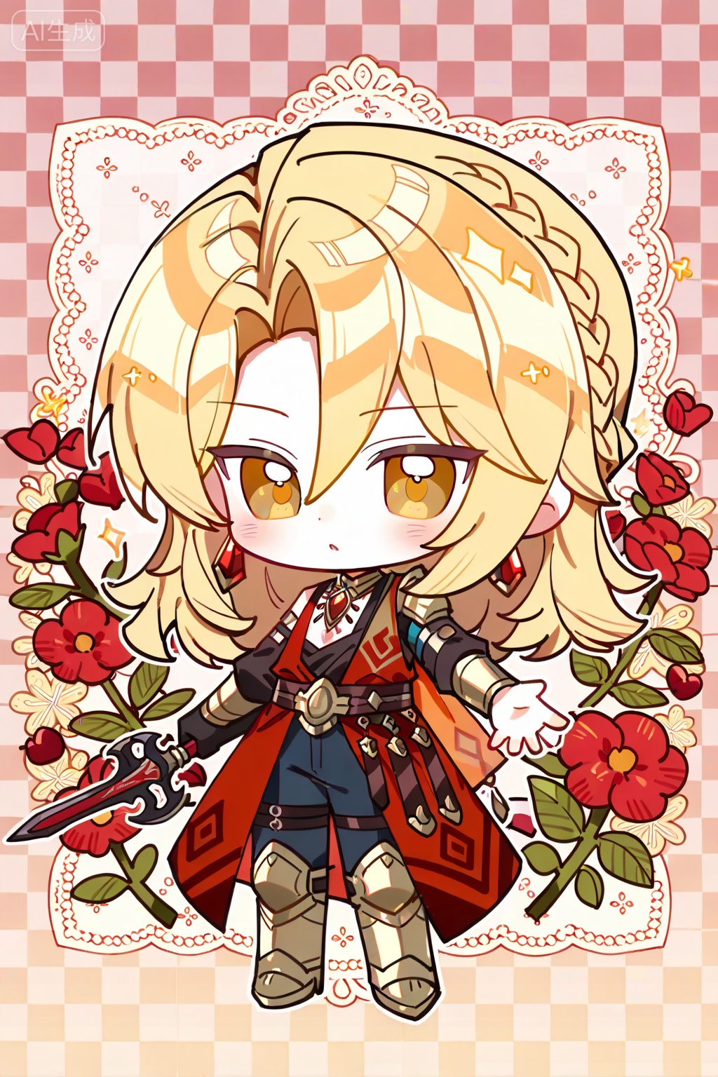 solo,, long hair,, looking at viewer,, blush,, bangs,, blonde hair,, long sleeves,, 1boy,, holding,, brown eyes,, jewelry,, standing,, full body,, yellow eyes,, weapon,, braid,, flower,, male focus,, earrings,, boots,, chibi,, holding weapon,, red flower,, armored boots,, checkered background,, Negative prompt: ng_deepnegative_v1_75t,(badhandv4:1.2),EasyNegative,(worst quality:2),username,out of focus,bad proportions,cropped,watermark,signature,worstquality,grayscale,logo,text,blurry,low quality,bad anatomy,sketches,lowres,normal quality,monochrome,,nsfw, Steps: 29, Sampler: Euler a, CFG scale: 7.0, Seed: 1053883112, Size: 1024x1536, Model hash: fe1361c879, Model: illustrious_v20_1.safetensors, Denoising strength: 0.0, RNG: CPU, Lora 1: Art-山楂糖, Lora Hash 1: 0b6112434b, Lora Weight 1: 0.8, vae_name: automatic