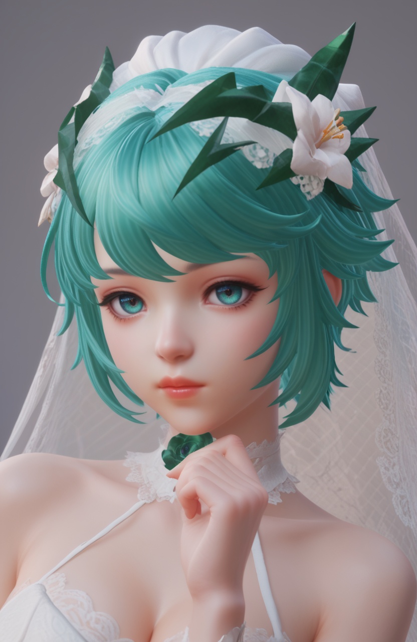 supermodel,score_8_up,score_7_up,hyperdetailed,hyperrealistic,volumetric lighting,focus on face,textured skin,eye lighting,SkinHairDetail,zPDXL,very attractive,Expressiveh,realistic skin,score_9,score_8_up,score_9,score_8_up,1 girls,high cold face,yujie,perfect round large,breasts,jewelry,beautiful eyes,detailed eyes,cleavage,<lora:daofhs2:0.7>,aqua hair,bangs,dress,eyelashes,flower,green hair,short hair,veil,wedding dress,white dress,close-up,facial close-up,stroking own chin,leg lift,