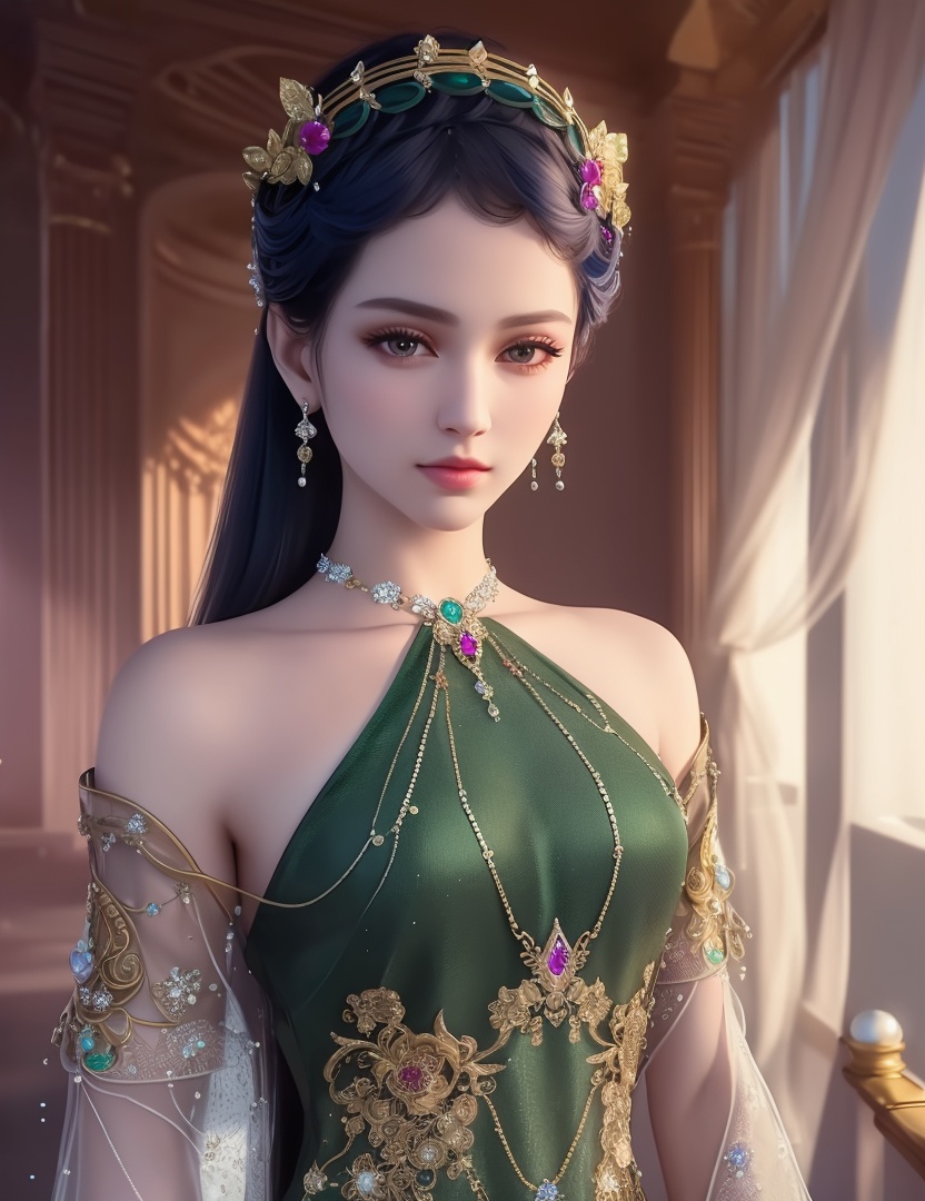 ultra realistic 8k cg, picture-perfect face, flawless, clean, masterpiece, professional artwork, famous artwork, cinematic lighting, cinematic bloom, perfect face, beautiful face, fantasy, dreamlike, unreal, science fiction,  beautiful clothes, lace, lace trim, lace-trimmed legwear,  (rich:1.4), prestige, luxury, jewelry, diamond, gold, pearl, gem, sapphire, ruby, emerald, intricate detail, delicate pattern, charming, alluring, seductive, erotic, enchanting, hair ornament, necklace, earrings, bracelet, armlet,halo((,1girl, pov,))(((,  1girl,  solo,looking at viewer, ))),(((1girl, solo, dress, jewelry)))<lora:DA_WhiteSnakeGreenSnake:0.7>