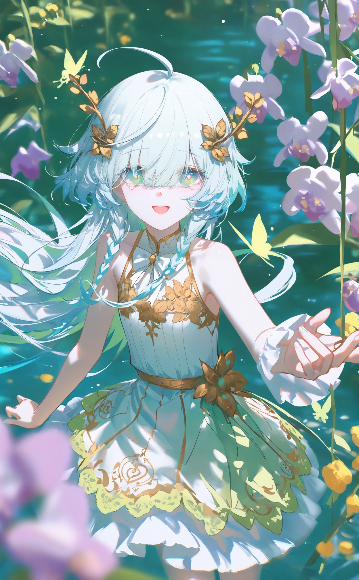 masterpiece,highres,absurdres,newest,best quality,high quality,loli,petite,chromatic_aberration,//,illustration,ultra detailed,hdr,Depth of field,(colorful),loli,[Artist:wlop],[[Artist:sheya]],Artist:ask \(askzy\),1girl,flower,solo,long hair,open mouth,water,dress,tears,yellow flower,crying,blue eyes,multicolored hair,smile,looking at viewer,ahoge,white dress,crying with eyes open,sleeveless,outdoors,aqua hair,hair ornament,blue hair,sleeveless dress,white flower,:d,frillswing sleeves,golden embroidery,green butterfly,braided hair,silver hair,orchid,blue-green dress,lace details,green eyes,hair vine,bow,silver nails,waist sash,bowtie,arm extended,sparkling nail polish,white lace,medium build,hair draping over eyes,spiral hair ornament,white bow,dress with cutouts,layered skirt,very long hair,purple orchid,sleeveless,fairy,:D,//,<lora:konya_karasue3——【noob】hans:0.7>,
