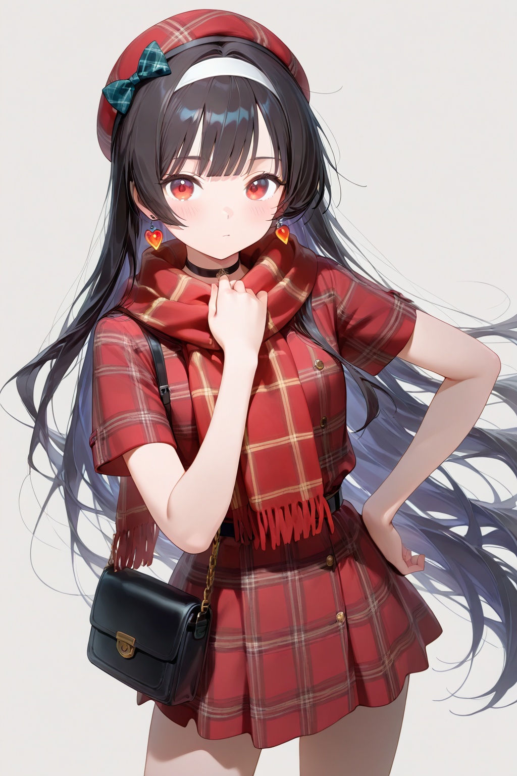 1girl,bangs,black_choker,black_hair,choker,closed_mouth,earrings,eyebrows_visible_through_hair,hairband,hand_on_hip,jewelry,long_hair,looking_at_viewer,plaid,plaid_bikini,plaid_bow,plaid_dress,plaid_headwear,plaid_jacket,plaid_pants,plaid_ribbon,plaid_scarf,plaid_shirt,plaid_skirt,red_eyes,shirt,short_sleeves,simple_background,solo,standing,unmoving_pattern,very_long_hair,white_background