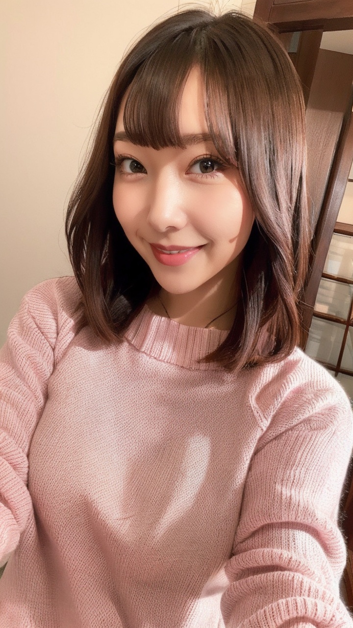 <lora:沙月芽衣-1:0.8>,syyy,1girl,solo,sweater,brown hair,realistic,brown eyes,looking at viewer,lips,pink sweater,indoors,smile,breasts,bangs,parted lips,