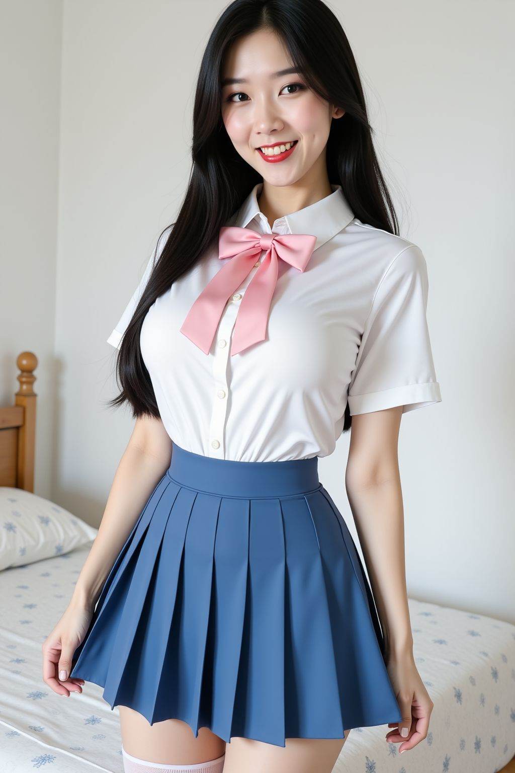 She appears to be in her early twenties. She wears a white, short-sleeved collared shirt with a pink bow tie, a blue pleated mini-skirt, and sheer white over-the-knee socks. She has long straight black hair, fair skin, and white lipstick. Her facial expression was excited. The background is a plain white wall and a portion of a bed with patterned linens on the left side. The lighting appears to be natural, creating soft shadows. The overall composition is clean and simple. The style is somewhat suggestive, with emphasis on the woman's figure and clothing.