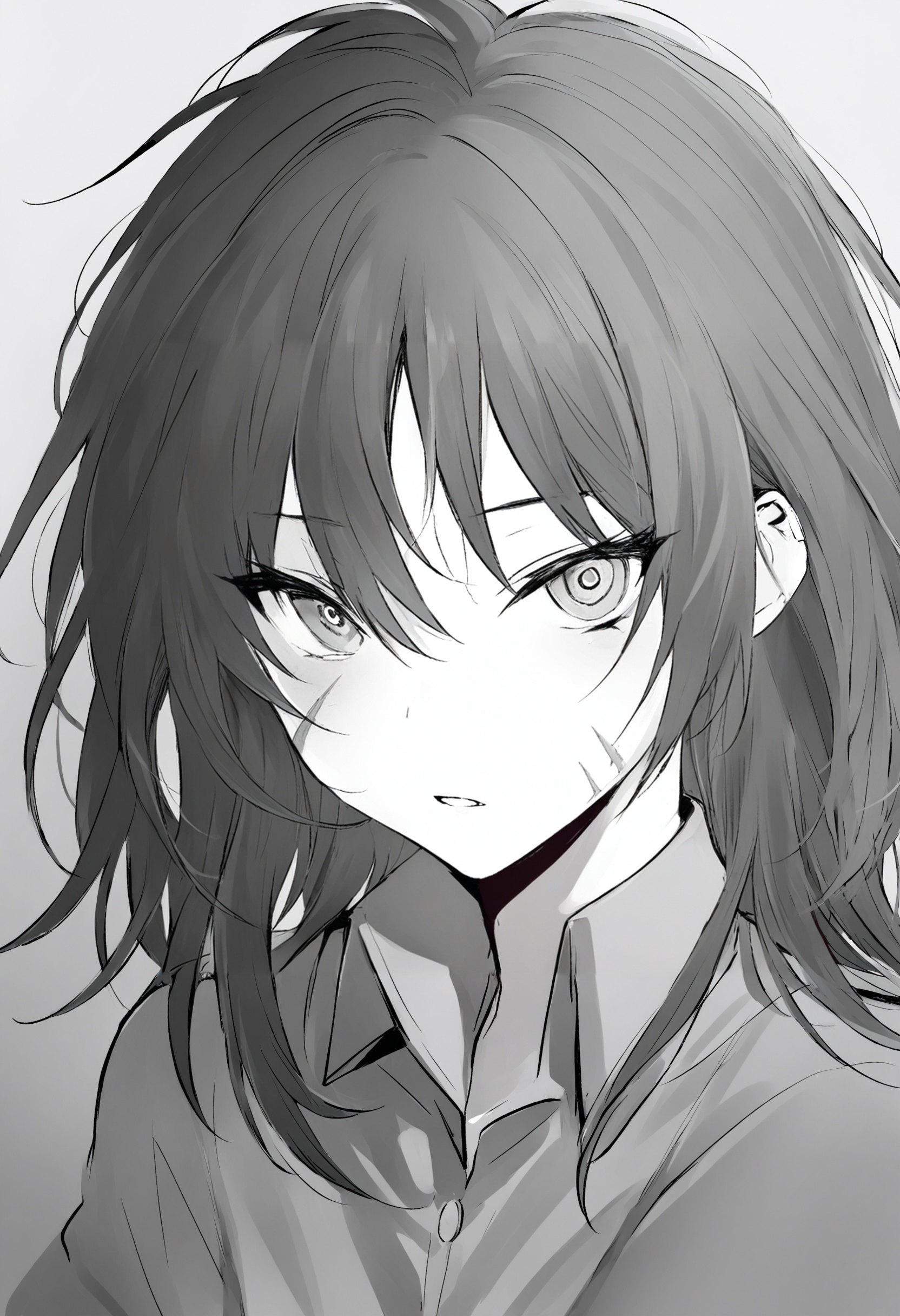 best quality, masterpiece,1girl, monochrome, solo, greyscale, looking at viewer, scar on face, simple background, scar, white background, portrait, messy hair, scar on cheek, bangs, collared shirt, long hair, parted lips, ringed eyes, shirt, medium hair ,_背景<lora:lpmyaXLlokr4f-000143:1>