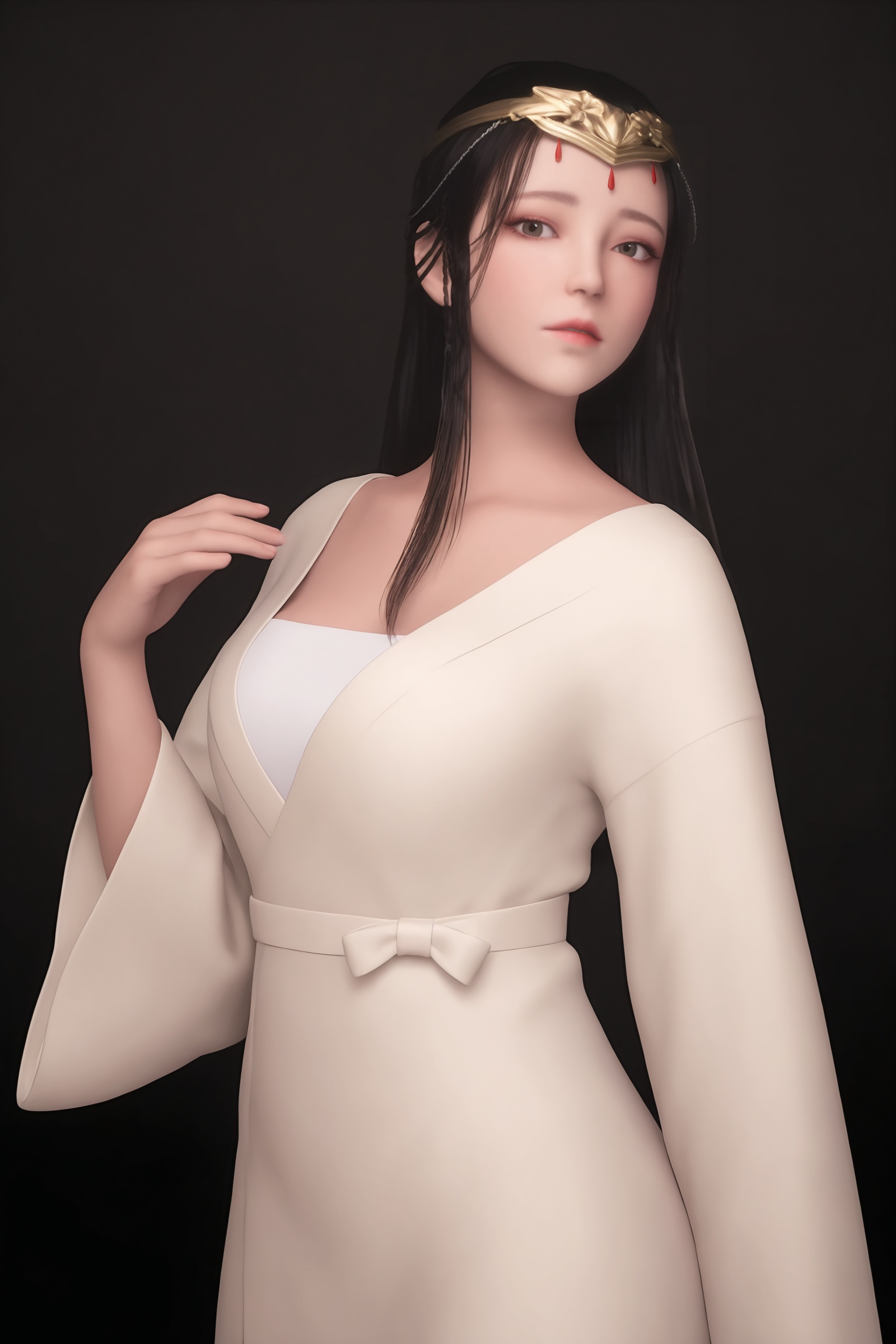 breasts,black background,simple background,photorealistic,1girl,beautiful_detailed_eyes,masterpiece,best quality,cinematic lighting,ethereal,standing,looking at viewer,<lora:武神主宰-岳灵珊IL:0.7>,1girl,long,straight black hair,golden tiara,flowing,off-white kimono-style robe,white undergarment visible beneath,cinched at the waist with a sash.V-neck and loose,flowing sleeves,