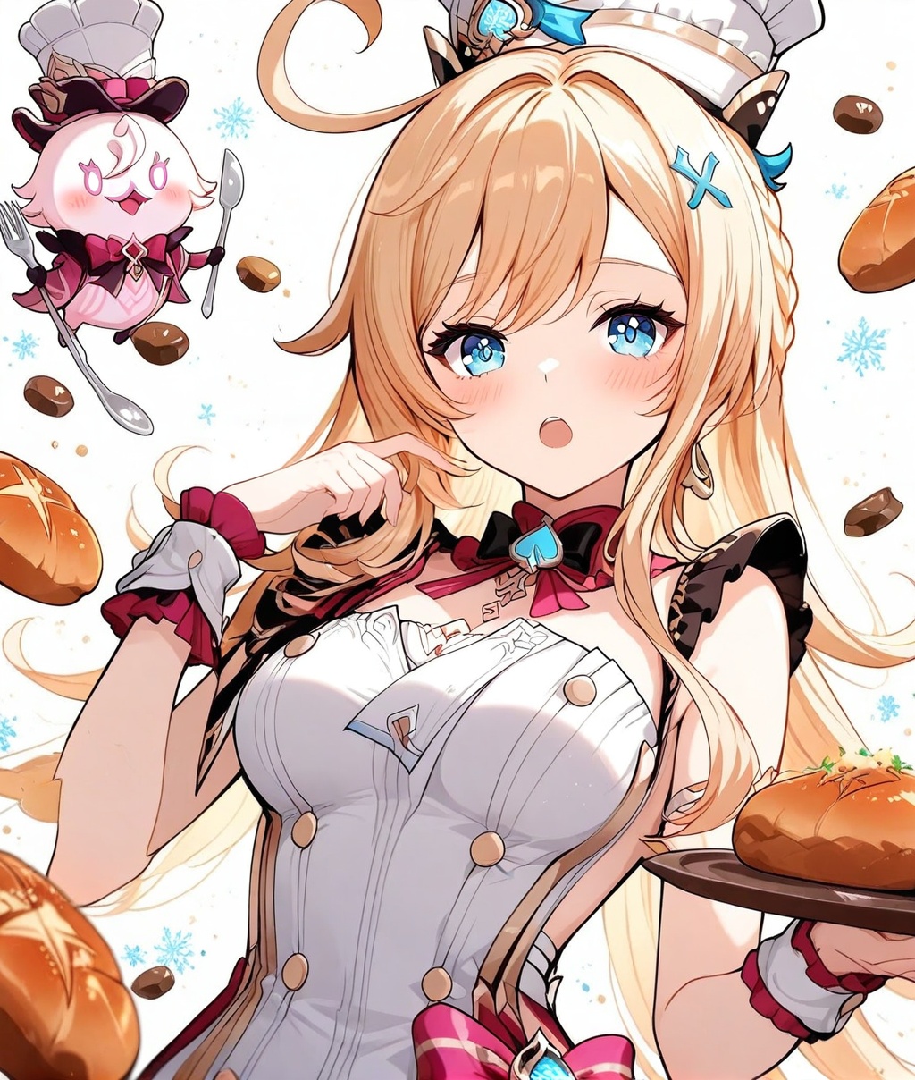 escoffier \(genshin impact\),O,ultra detailed anime texture,1girl, blonde hair, long hair, blue eyes, solo, breasts, ahoge, open mouth, hat, looking at viewer, white background, hair ornament, large breasts, food, dress, simple background, blush, white dress, bangs, wrist cuffs, bread, upper body,escoffier \(genshin impact\),Depth of field,extreme aesthetics,masterpiece,best quality,ultra high definition,32K resolution,sharp focus,exquisite details,high-end texture,fashion photography,film perspective,rich colors,color palette,advertising style,tension composition,emotional masterpiece,mild atmosphere,latest,dynamic Dutch angle,perspective composition,magazine cover,cover,