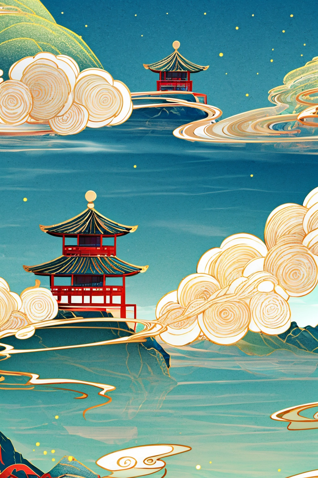 (8k, RAW photo, best quality, masterpiece:1.2,),Realistic,best quality,masterpiece,8K,HDR,RAW,1girl,<lora:add_detail:0.6>,mount,water,cloud,foge,chinese style,tower,<lora:ENNE 只此青绿_v10:0.9>,zcql,