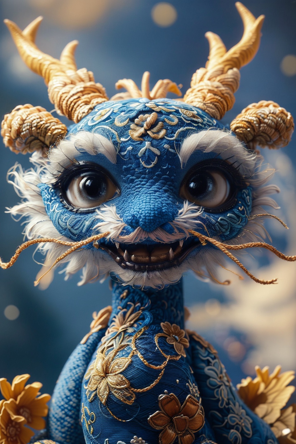 a blue and gold image of a Chinese Loong,realistic fine details,Chinese embroidery,horns,no humans,looking at viewer,open mouth,red eyes,