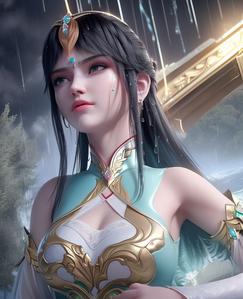 <lora:651-DA-斗破苍穹-凤清儿:0.8>(,1girl, ,best quality, ),looking at viewer, ,ultra detailed 8k cg, ultra detailed background, ultra realistic 8k cg,  ,masterpiece((((1girl, solo,  , ,solo focus, wet,sweat, ocean,rain, water drop, )))) (, , sweatdrop, flying sweatdrops, sweating profusely,colorful drop \(module\), )   clean, masterpiece,     cinematic lighting, cinematic bloom,   , unreal, science fiction, luxury, jewelry, diamond, gold, pearl, gem, sapphire, ruby, emerald, intricate detail, delicate pattern, charming, alluring, seductive, erotic, enchanting, hair ornament, necklace, earrings, bracelet, armlet,halo,