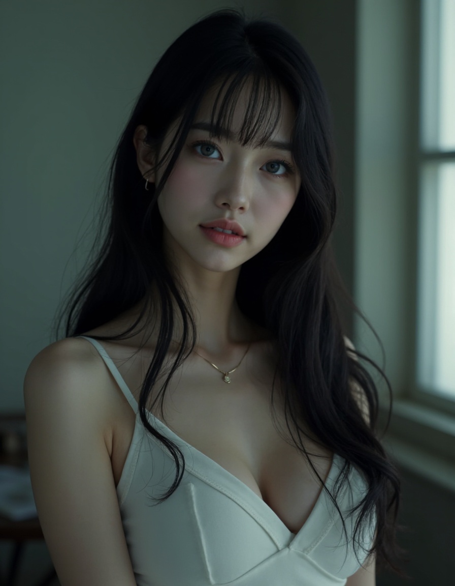 HDR photo of cinematic film still teenage, 1girl, solo, long hair, dress, jewelry, earrings, white dress, realistic, black hair, breasts, looking at viewer, indoors, photorealistic, upper body, gray eyes, lips, see-through, medium breasts, window, closed mouth, nose, cleavage . shallow depth of field, vignette, highly detailed, high budget, bokeh, cinemascope, moody, epic, gorgeous, film grain, grainy . High dynamic range, vivid, rich details, clear shadows and highlights, realistic, intense, enhanced contrast, highly detailed