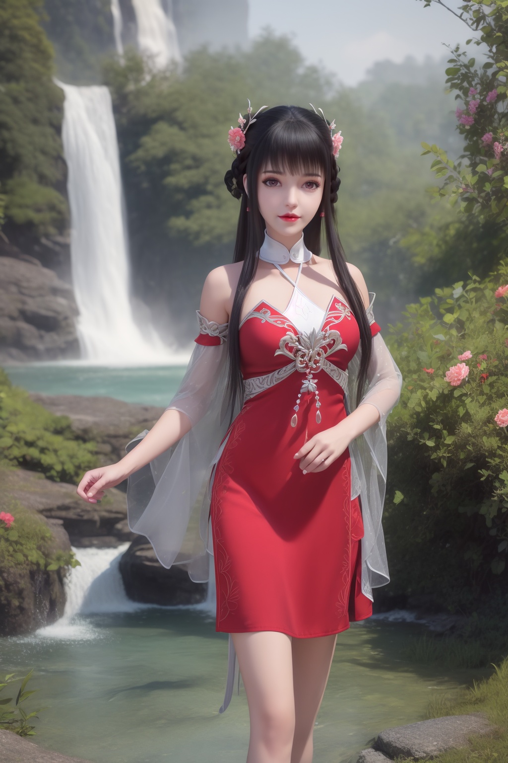 ultra realistic 8k cg,flawless,clean,masterpiece,professional artwork,famous artwork,perfect face,beautiful face,best quality,full_shot,absurdres,shenfengXiaoHuoLingEr,1girl,solo,dress,skirt,standing,blunt bangs,chinese clothes,detached collar,detached sleeves,hair bun,hair flower,halterneck,halterneck,sidelocks,torogao,smile,makeup,red lips,breasts,large breasts,jewelry,earrings,hair ornament,(outdoors:1.4),water,waterfall,butterfly,flower,long hair,realistic,looking at viewer,high heels,<lora:shenfengXiaoHuoLingEr_20240106001948-000004:0.7>,
