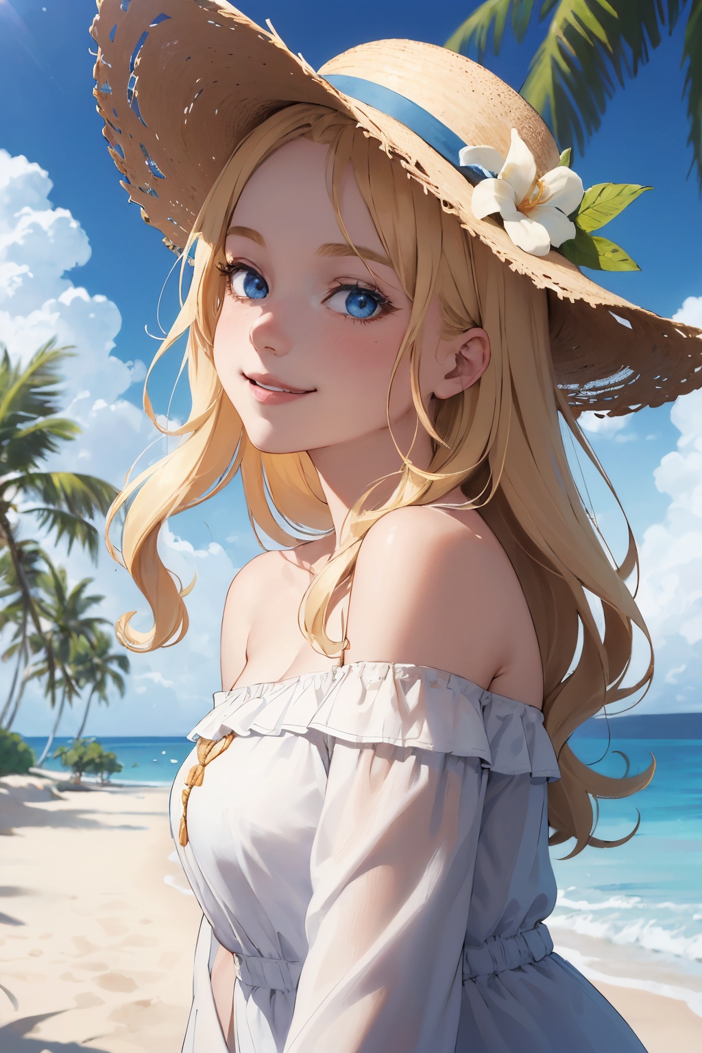 (movie poster:1.2),soft lighting,(dramatic angle:1.25),(solo:1.4),(1girl),((blonde hair), long curly hair),blue eyes,(smile),beach straw hat,(off-shoulder shirt),hat flower,(looking to the side:1.3),fantastic colorful,sea,coconut tree,blue sky with clouds,(beach:1.3),(masterpiece:1.2),ultra-detailed,(best quality),illustration,(Depth of field),
