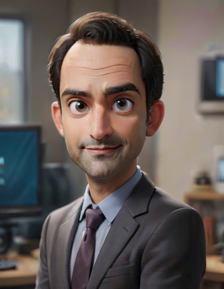 big head,1boy,necktie,male focus,solo,shirt,black hair,looking at viewer,formal,smile,suit,jacket,indoors,blue shirt,collared shirt,blurry background,facial hair,blurry,upper body,realistic,short hair,closed mouth,black necktie,, (best quality:1.5), (masterpiece:1.5), (super Realistic:1.5),(high detail:1.5)