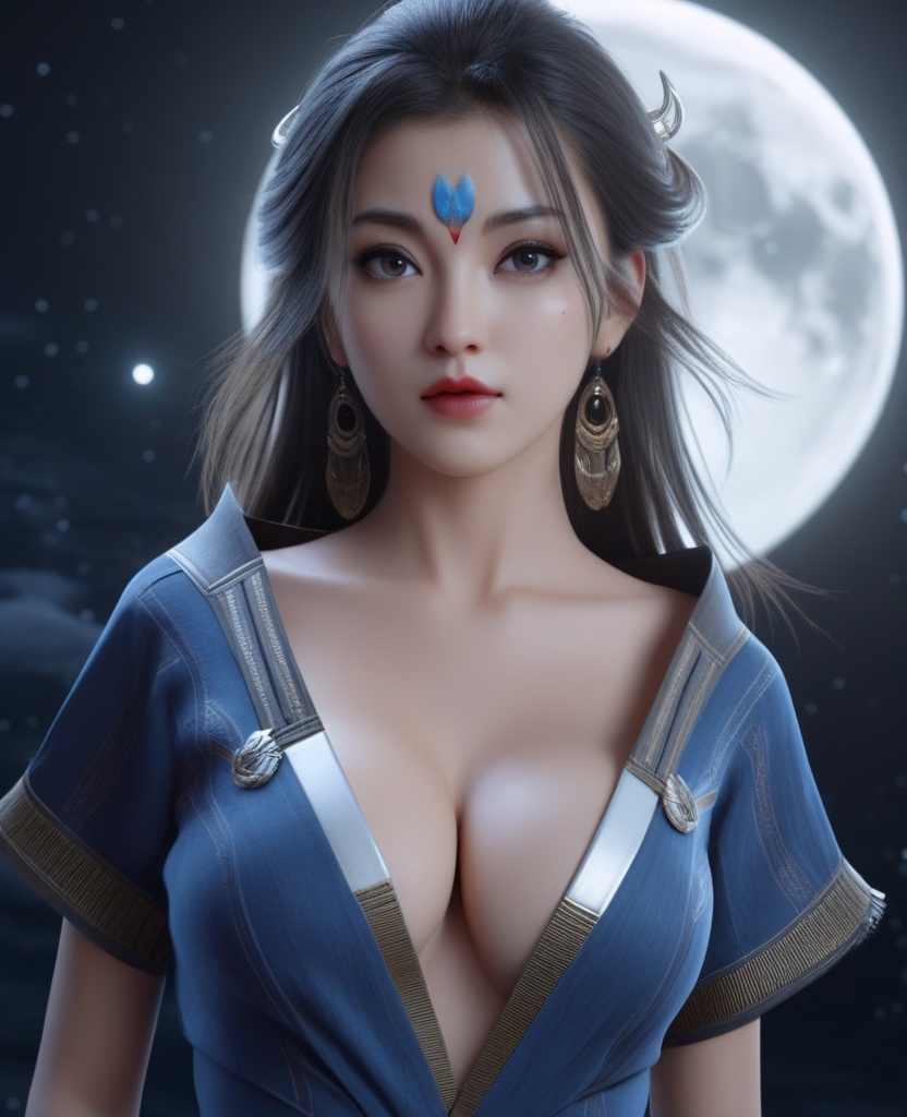 <lora:571-DA-XL-眷思量-奉眠:0.8>(,1girl, ,best quality, ),looking at viewer,masterpiece, (( , )),, realistic,science fiction,mole, ultra realistic 8k cg, full moon, (cleavage), (),