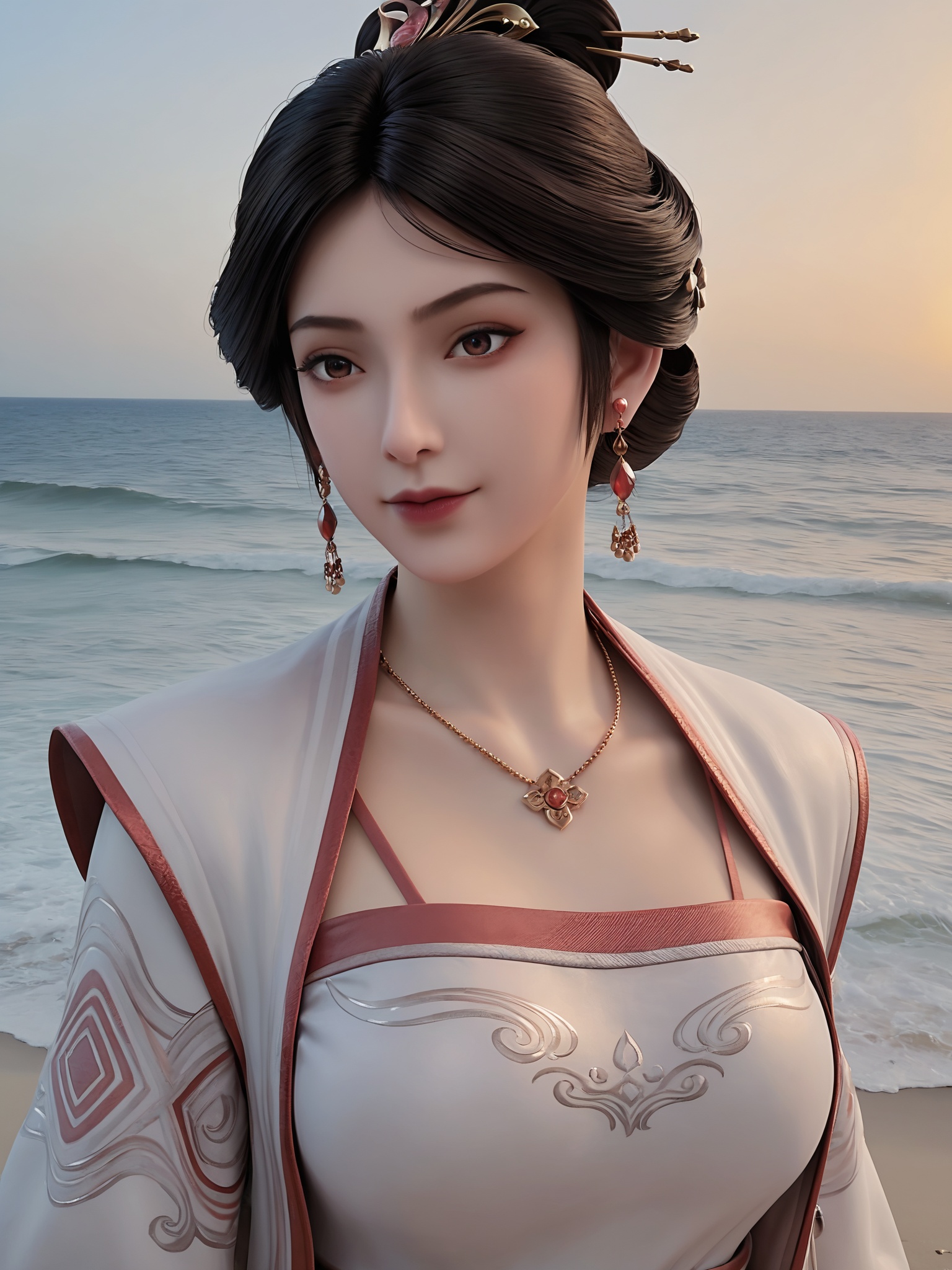 realistic style photo outstanding style,tall,cute,in her teens. Use soft lighting to cast gentle shadows on the subject,adding a touch of dimension to your images without compromising details,score_9,Seaside,beach,waves,<lora:剑来-许氏Pony:0.6>,dark hair styled in an elaborate updo adorned with golden hairpins,a traditional East Asian style,featuring a white robe with intricate embroidery and a deep red,high-necked bodice.She wears a golden necklace and earrings.,