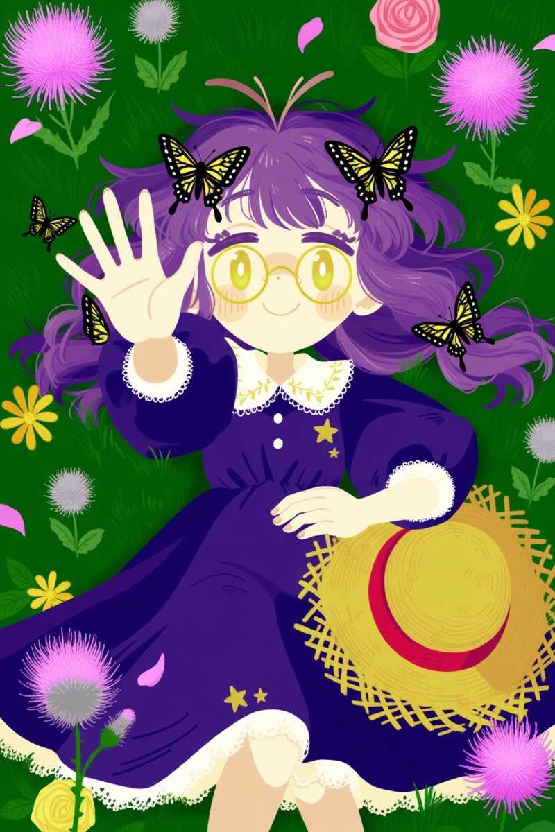 @jsslnst,  The image depicts a young girl lying on her back in a grassy field adorned with various flowers. She has wavy p...