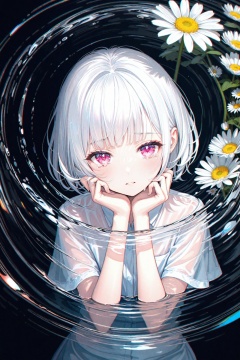 (masterpiece),(best quality),illustration,ultra detailed,hdr,Depth of field,(colorful),(chromatic aberration),(beautiful young female:1.4),(streaming tears),sad,(daisy),(daisy),(daisy),looking at viewer,partially submerged,both hands on own cheek,{see-through long shirt},{no bra},(white hair, short hair, bangs:1.2),(glowing eyes),ripples,dark water,black background,(prismatic),