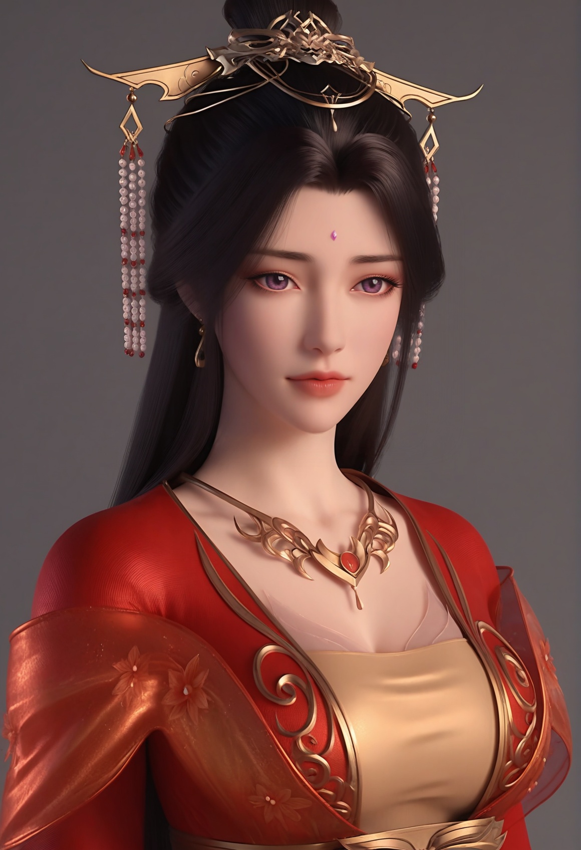 (score_9),portrait,(close-up),solo focus,(eye focus),<lora:红月婵-apony:0.8>,yuechanm,1girl,solo,hair ornament,jewelry,long hair,forehead jewel,earrings,tiara,necklace,hair bun,black hair,purple eyes,red dress,shoulder ribbon,cleavage,(glamor),curvy,mature_female,collarbone,BREAK<lora:Expressive_H-000001:0.8>,light blush,Expressiveh,looking at viewer,front view,<lora:e肤色滑块:0.35>,fair_skin,((pale skin)),(white_skin),ultra-detailed skin texture,detailed textures,<lora:皮肤凹痕:1.2>,BREAK<lora:e色温:-0.35>,simple background,grey background,Tyndall effect,available light,depth of field,lens_flare,4K ultra HD,sharp focus,high detail,high contrast,