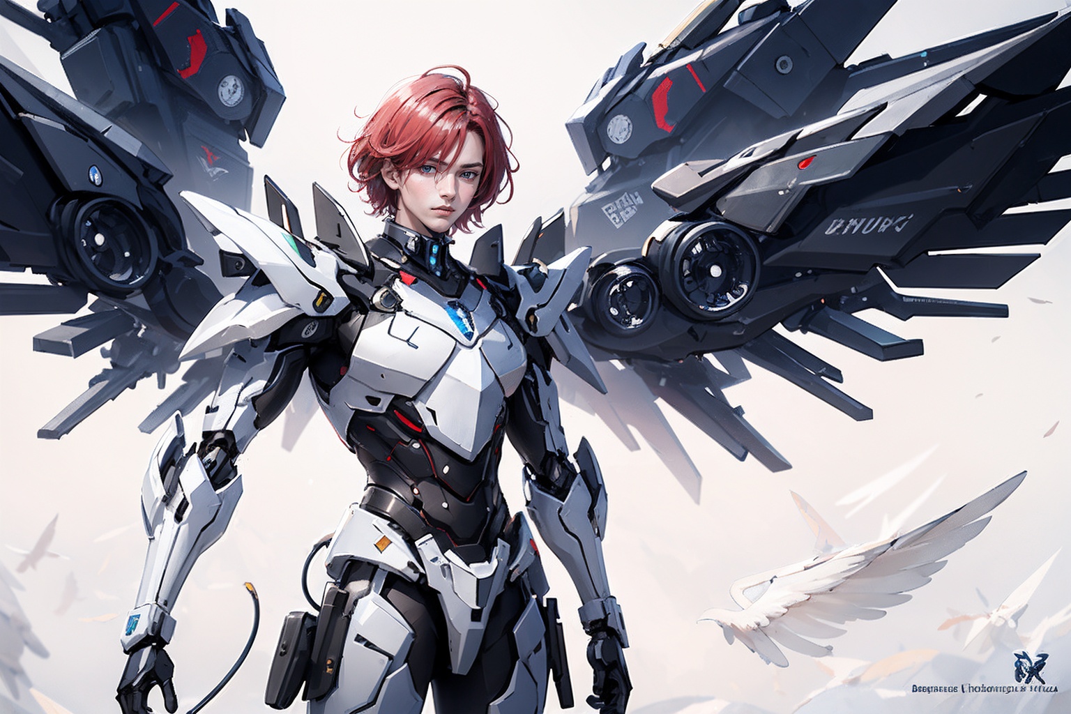 1boy,concept artwork,red hair,(a lonely solo boy:1.4),sky,wing,sitting on the ground,wings with fans,graphics card fan,strong male mecha warrior,mighty and domineering,cool mecha,32k,blue and white color scheme,white armor,<lora:atai_20240121203524-000008:0.7>,white_background,standing,cowboy_shot,