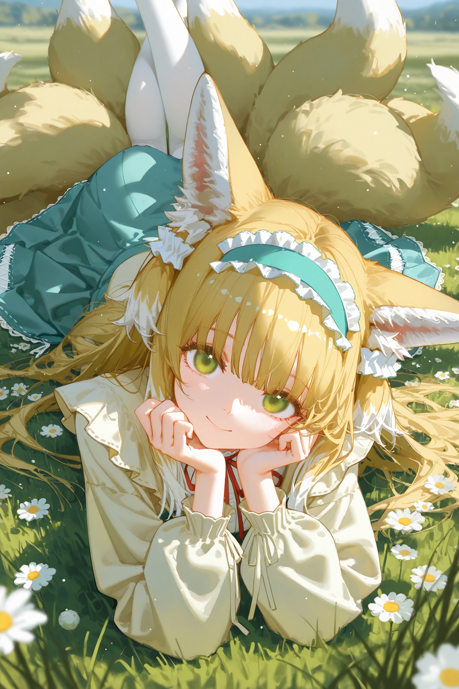 masterpiece,best quality,amazing quality,very aesthetic,absurdres,newest,scenery,1girl,suzuran \(spring praise\) \(arknights\),(ningen mame:1.1),ciloranko,[sho \(sho lwlw\)],ask \(askzy\),tianliang duohe fangdongye,rhasta,wlop,dynamic angle,dutch angle,on stomach,head tilt,head rest,animal ears,blonde hair,eyes visible through hair,frilled hairband,frilled skirt,grass,green eyes,green hairband,legs up,long hair,long sleeves,looking at viewer,lying,multicolored hair,multiple tails,neck ribbon,official alternate costume,outdoors,plant,red ribbon,ribbon-trimmed skirt,smile,solo,streaked hair,white flower,white pantyhose,white tail,yellow tail,light particles,bloom,depth of field,masterpiece,best quality,good quality,newest,highres,absurdres,
