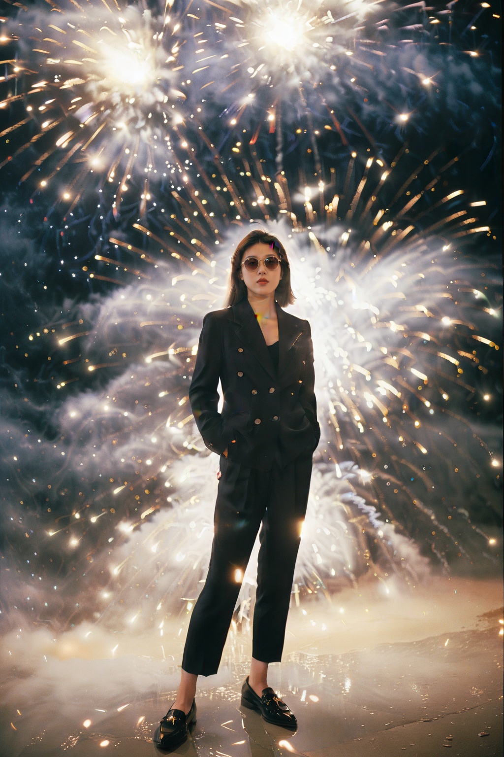 an asian girl,film grain texture,analog photography aesthetic,fire,fireworks,night,<lora:disillusion · fireworks_SDXL:1>,sunglasses,dynamic angle,(Tailored_blazer:1.4),(Pleated_trousers:1.3),(Pointed-toe_loafers:1.2),