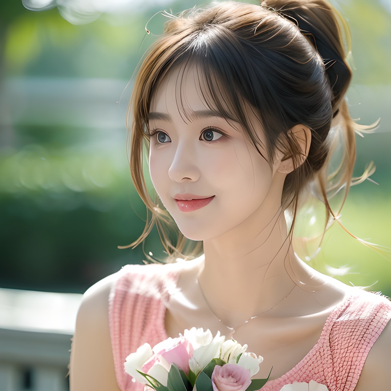 1girl,moyou,double ponytail,twintails,heart hair ornament,Ultra-realistic 8k CG,masterpiece,best quality,(photorealistic:1.4),HDR,absurdres,Professional,RAW photo,lens flare,(film grain:1.1),Bokeh,((Depth of field)),studio light,a woman in a pink dress holding a bouquet of flowers in front of a mirror and a pink background,1girl,blonde_hair,bouquet,flower,lips,long_hair,looking_at_viewer,pink_dress,smile,solo,Highly detailed,Professional,extreme detail description; <lora:20231116-1700127800900:0.8>