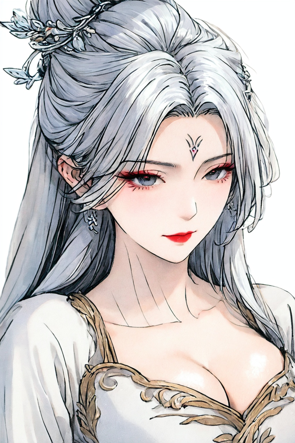 <lora:01古风美女第一版:0.8>,1girl,solo,long hair,breasts,looking at viewer,upper body,hair ornament,forehead mark,white hair,facial mark,large breasts,simple background,closed mouth,collarbone,white background,red lips,grey hair,cleavage,makeup,