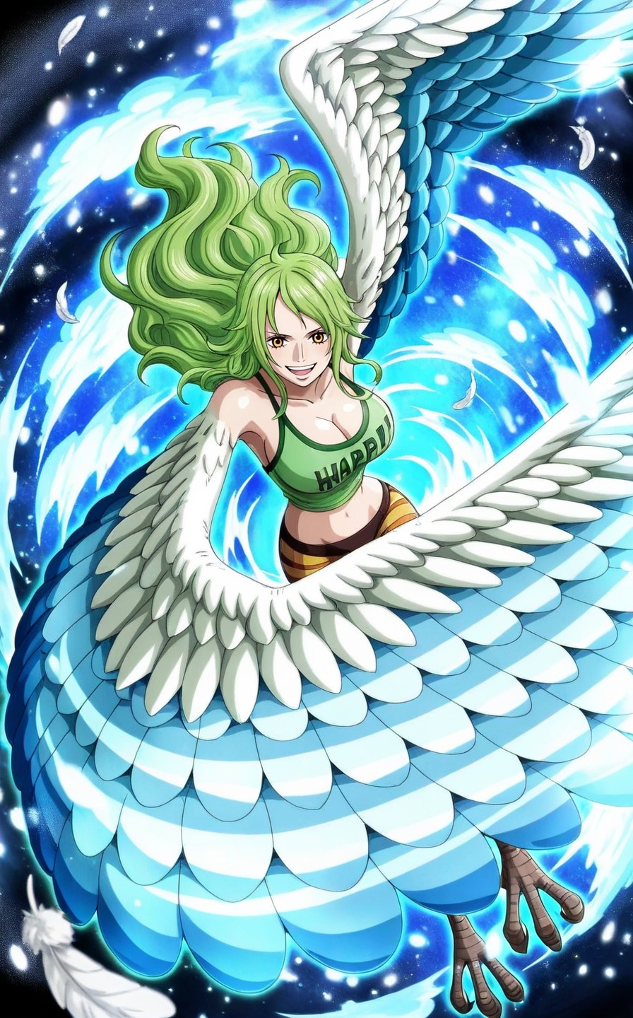 depth of field,masterpiece,best quality,very aesthetic,alternate costume,alternate costume,2024,2023,perfect composition,ultra-detailed,extreme aesthetic,masterpiece,best quality,good quality,newest,year 2024,year 2023,very aesthetic,absurdres,looking_at_viewer,colorful,<lora:莫奈-000021:0.8>,Monet one piece,Monet\(one piece\),1girl,green **** top,wings,winged arms,green hair,monster girl,harpy,breasts,**** top,long hair,solo,feathers,feathered wings,cleavage,clothes writing,talons,white feathers,large breasts,yellow eyes,bird legs,open mouth,smile,crop top,white wings,tail,