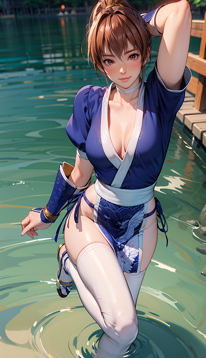 kasumi,1girl,solo,medium breasts,closed mouth,Best quality,masterpiece,ultra high res,high quality,8k,wallpaper,fine lineart,highly detailed,absurdres,<lora:kasumisuit4r-000005:0.8>,pelvic curtain,arm guards,shin guards,<lora:add_detail:0.3>,(water:1.1),(wading:1.1),from above,looking at viewer,(blush:1.2),(standing on one leg:1.1),
